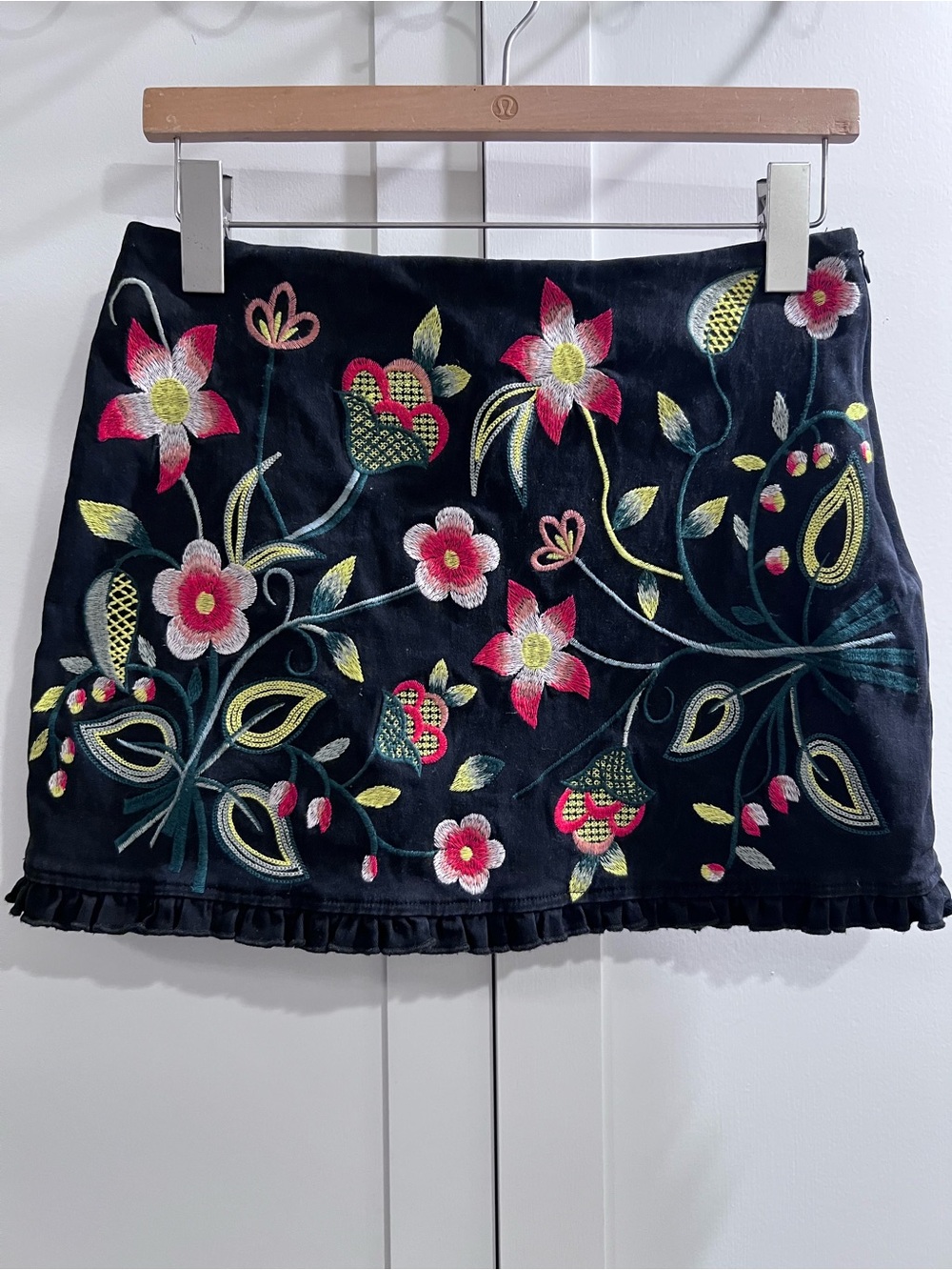 Kori Black Mini Skirt with Multicolor Floral Embroidery